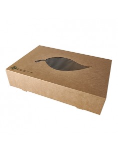 Cajas transporte catering cartón marrón con ventana PLA Pure 100% Fair mediana