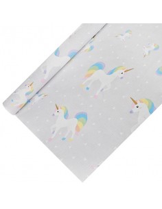 Mantel para fiestas papel decorado infantil unicornio 5 m x 1,2 m gris