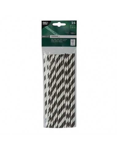 Cañitas de papel rayas blanco negro Ø 6mm x 20cm Stripes