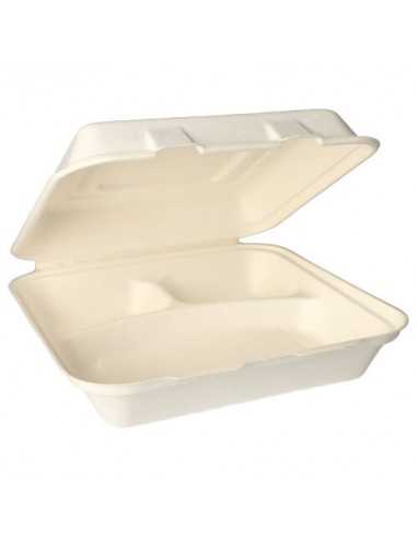Caixas menu take away compostáveis cana açúcar branco 3 compartimentos 24 x 24 cm
