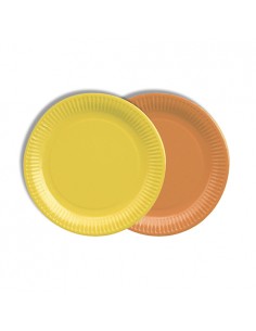 Platos cartón redondos colores naranja y amarillo 100% compostables Ø 18 cm
