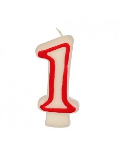 Velas cumpleaños número 1 color blanco borde rojo pastelerías 7,3 cm
