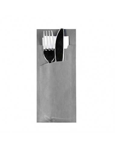 Bolsas de papel para talheres cor cinzento com guardanapo branco incluido