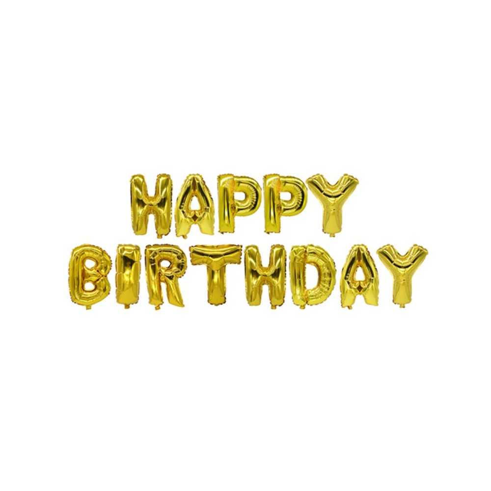 Cadeia de balões metálicos dourados "Happy Birthday".