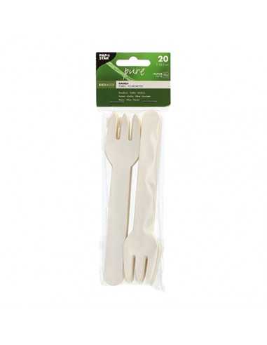 Tenedores en papel blanco compostables 15,5cm Pure