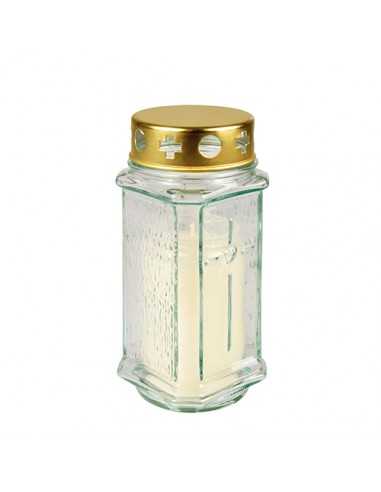 Vela religiosa envase cristal transparente tapa dorada Ø 6,4 x 12.5 cm