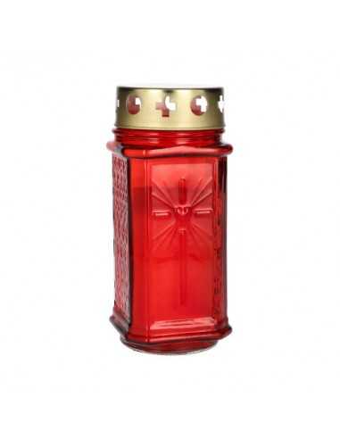 Vela religiosa envase cristal rojo tapa dorada Ø 7,5 x 17 cm