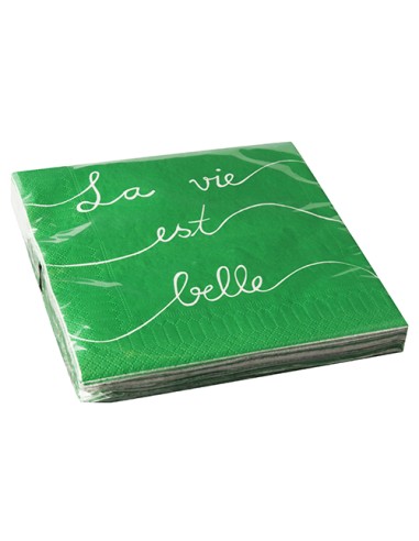 Servilletas de papel color verde impresas La Vie est Belle  33 x 33 cm