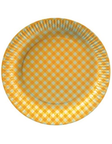 Pratos de cartão decorados vichy amarelo e branco Ø 26 cm