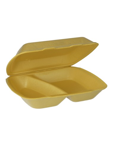 Envases comida para llevar tapa bisagra foam XPS oro 2 compartimentos