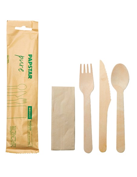Kit cubiertos de madera 6/1: Cuchillo, tenedor, cuchara, servilleta,  sal&pimienta con funda