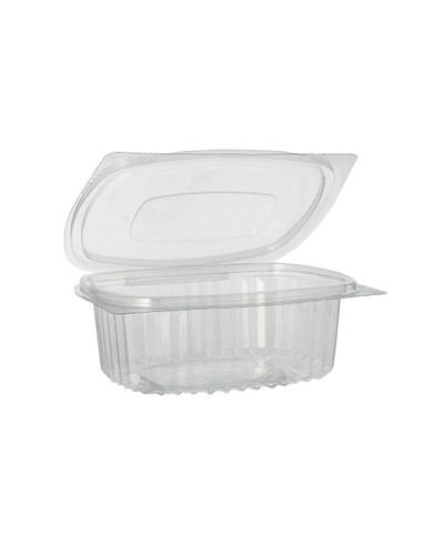 Envases de plástico reciclado R-PET para comida tapa bisagra transparente 375 ml