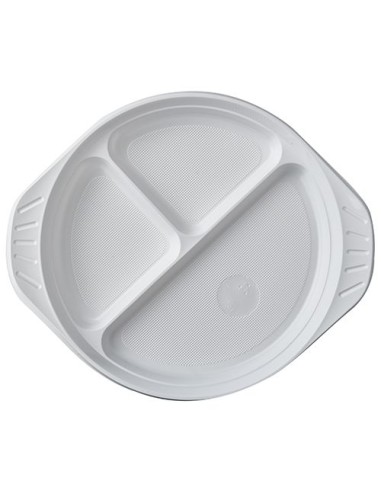 Pratos de plástico redondos brancos com 3 compartimentos Ø21,9 cm
