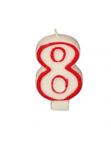Vela Cumpleaños Número "8" Color Blanco Borde Rojo 7,3cm