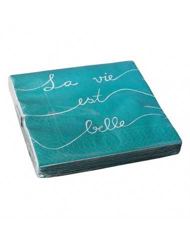 Guardanapos de papel azul impressão La Vie est Belle 33 x 33 cm