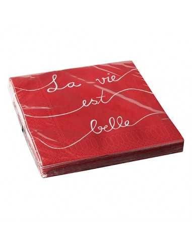 Servilletas de papel color rojo impresas La Vie est Belle  33 x 33 cm