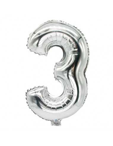 Balões de aniversario metalizados número 3 cor prata 35 x 20 cm