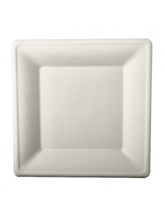 Platos cuadrados caña azúcar color blanco compostables Pure 26 cm