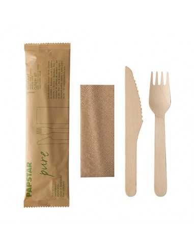 Conjunto talheres madeira faca, garfo e guardanapo em saco papel Pure